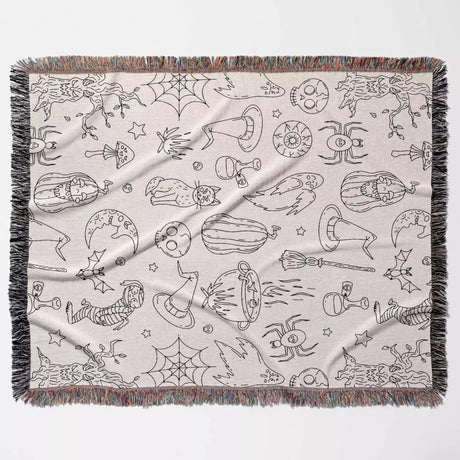 Halloween Black and White Line Art Woven Throw Blanket and Tapestry - DesignerOllie.com