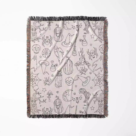 Halloween Black and White Line Art Woven Throw Blanket and Tapestry - DesignerOllie.com