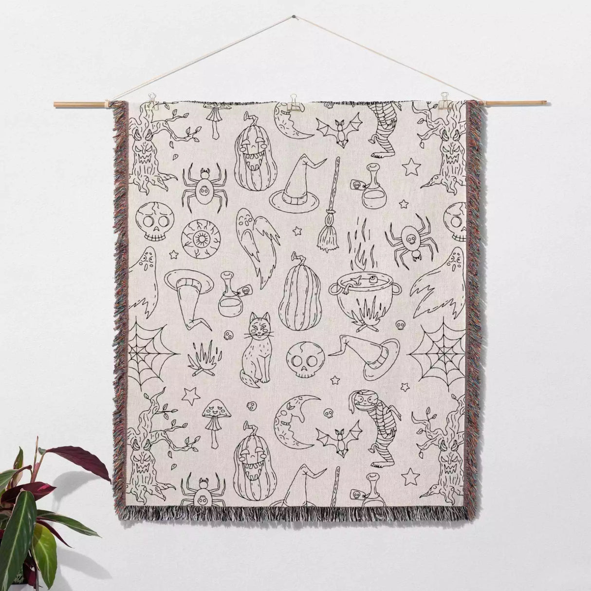 Halloween Black and White Line Art Woven Throw Blanket and Tapestry - DesignerOllie.com