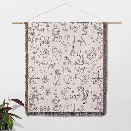Halloween Black and White Line Art Woven Throw Blanket and Tapestry - DesignerOllie.com