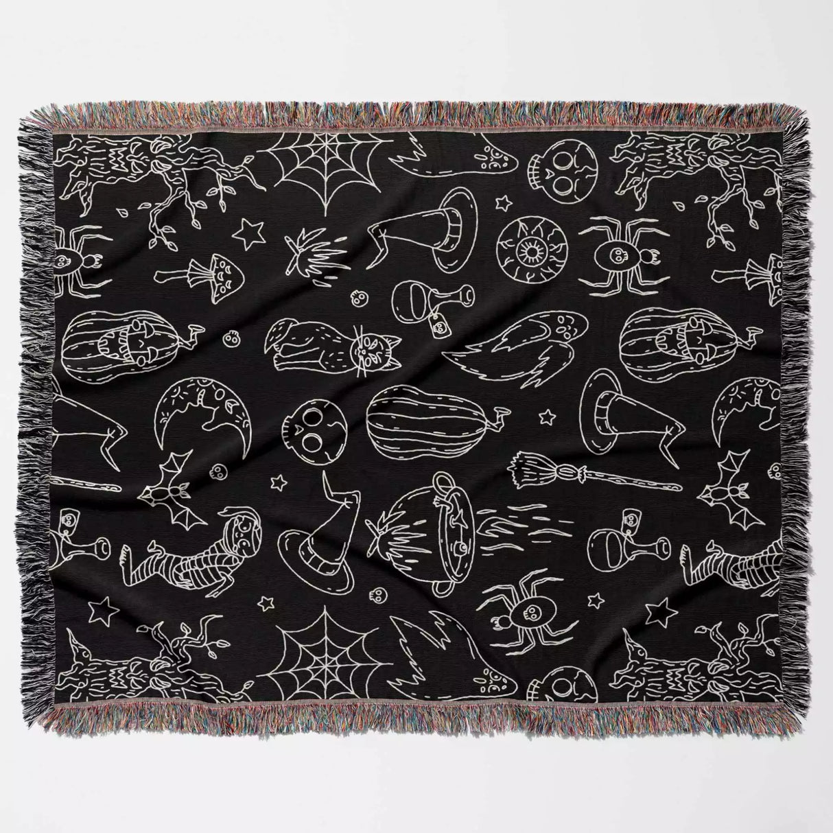 Halloween Spooky Line Art Black White Woven Throw Blanket and Tapestry - DesignerOllie.com