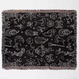 Halloween Spooky Line Art Black White Woven Throw Blanket and Tapestry - DesignerOllie.com