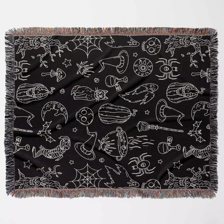 Halloween Spooky Line Art Black White Woven Throw Blanket and Tapestry - DesignerOllie.com
