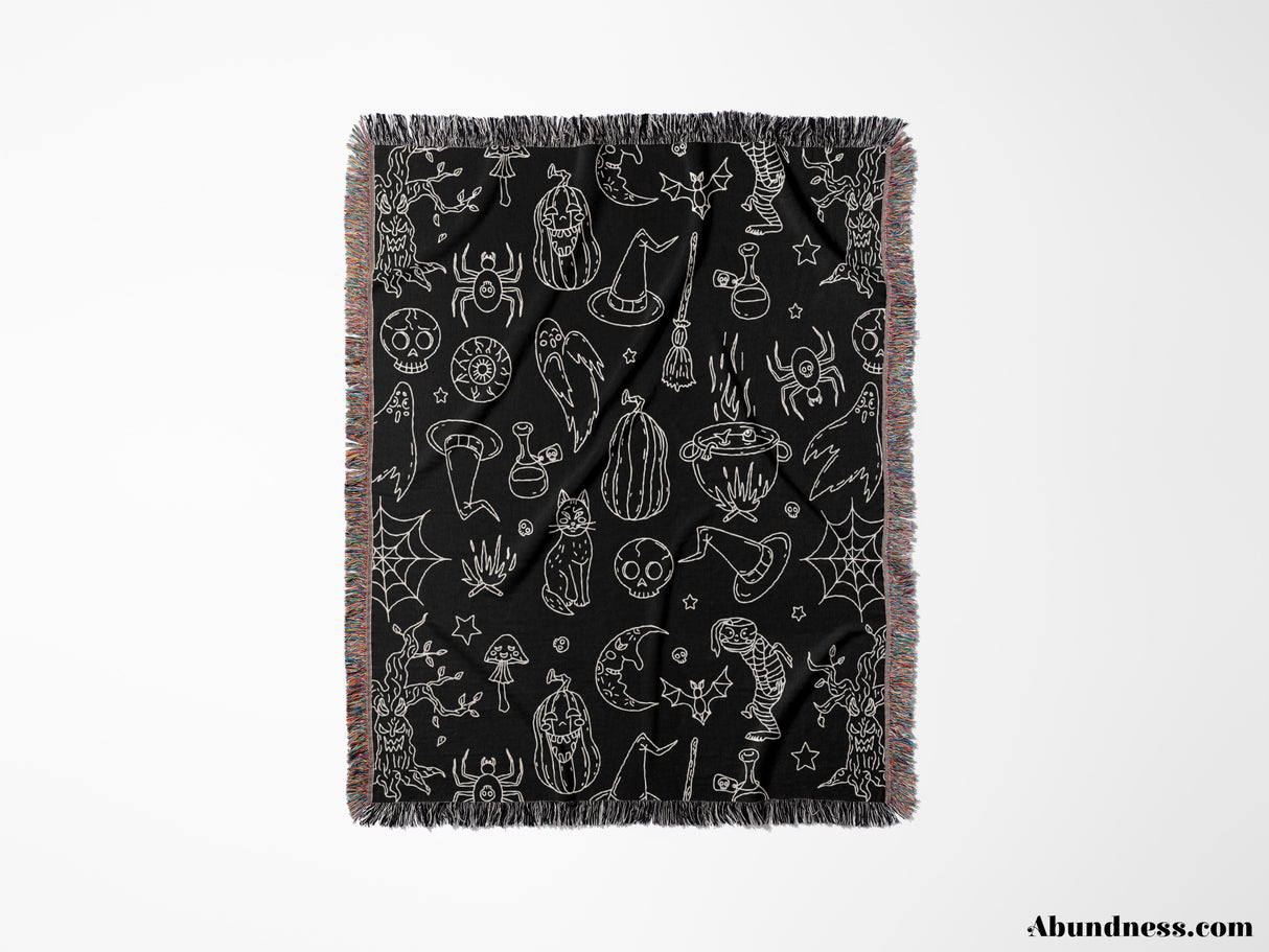 Halloween Spooky Line Art Black White Woven Throw Blanket and Tapestry