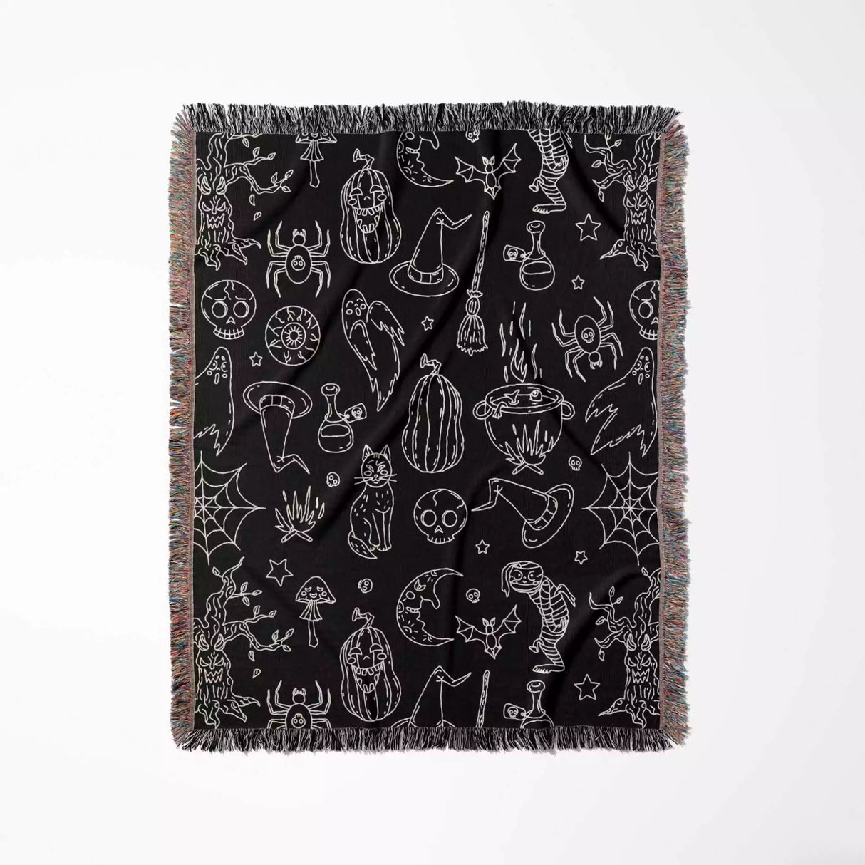 Halloween Spooky Line Art Black White Woven Throw Blanket and Tapestry - DesignerOllie.com