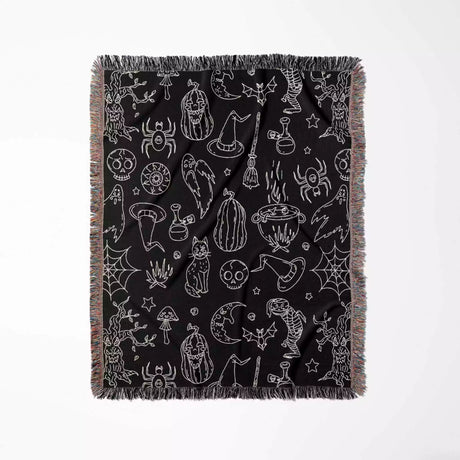 Halloween Spooky Line Art Black White Woven Throw Blanket and Tapestry - DesignerOllie.com