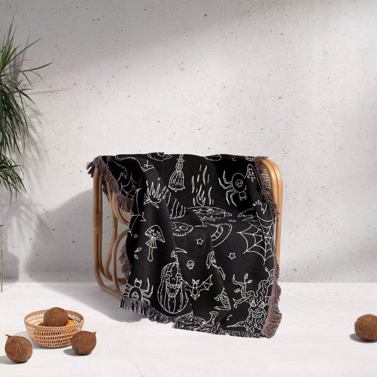 Halloween Spooky Line Art Black White Woven Throw Blanket and Tapestry - DesignerOllie.com