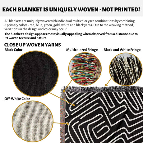 Hand Drawn Maze Black and White Monochrome Woven Throw Blanket and Tapestry - DesignerOllie.com