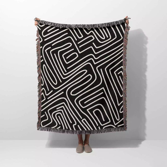 Hand Drawn Maze Black and White Monochrome Woven Throw Blanket and Tapestry - DesignerOllie.com