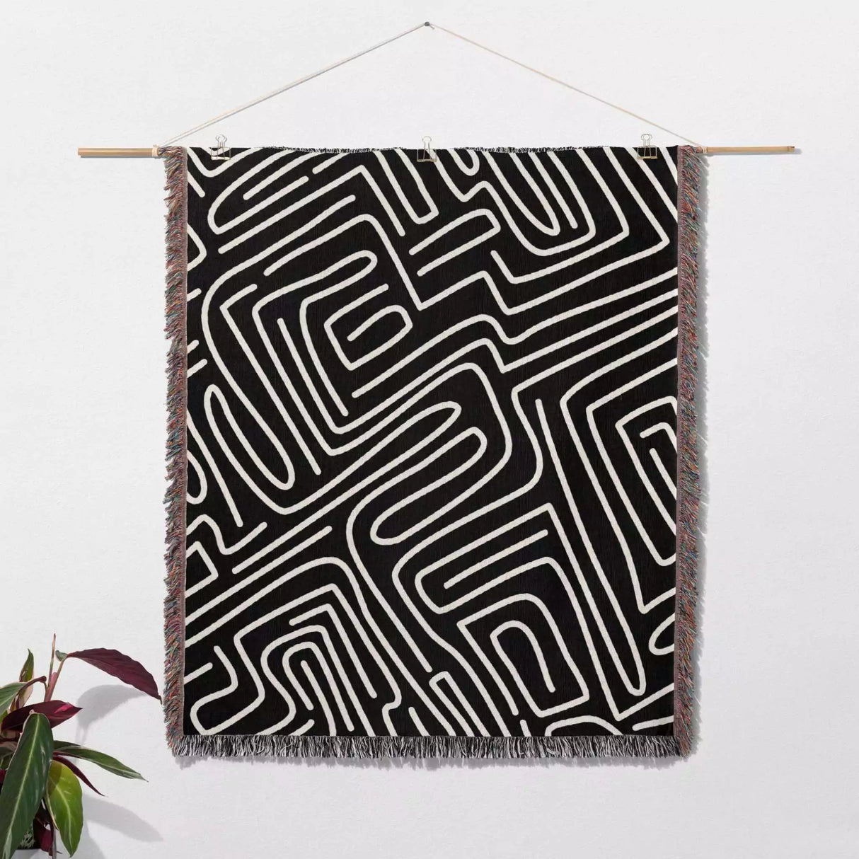 Hand Drawn Maze Black and White Monochrome Woven Throw Blanket and Tapestry - DesignerOllie.com