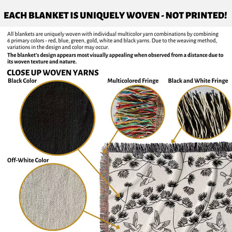 Text and images explaining woven blankets with unique yarn combinations, close-up views of yarns, and a Japanese style woven blanket throw tapestry with a bird design.