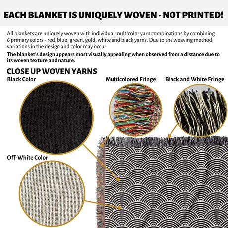 Japanese Wave Black and White Pattern Woven Throw Blanket and Tapestry - DesignerOllie.com