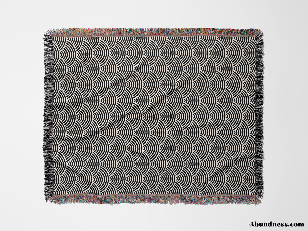 Japanese Wave Black and White Pattern Woven Throw Blanket and Tapestry