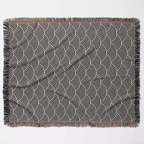 Japanese Wave Black and White Pattern Woven Throw Blanket and Tapestry - DesignerOllie.com