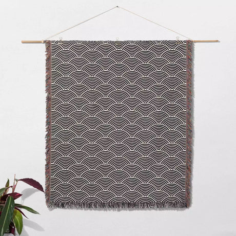 Japanese Wave Black and White Pattern Woven Throw Blanket and Tapestry - DesignerOllie.com