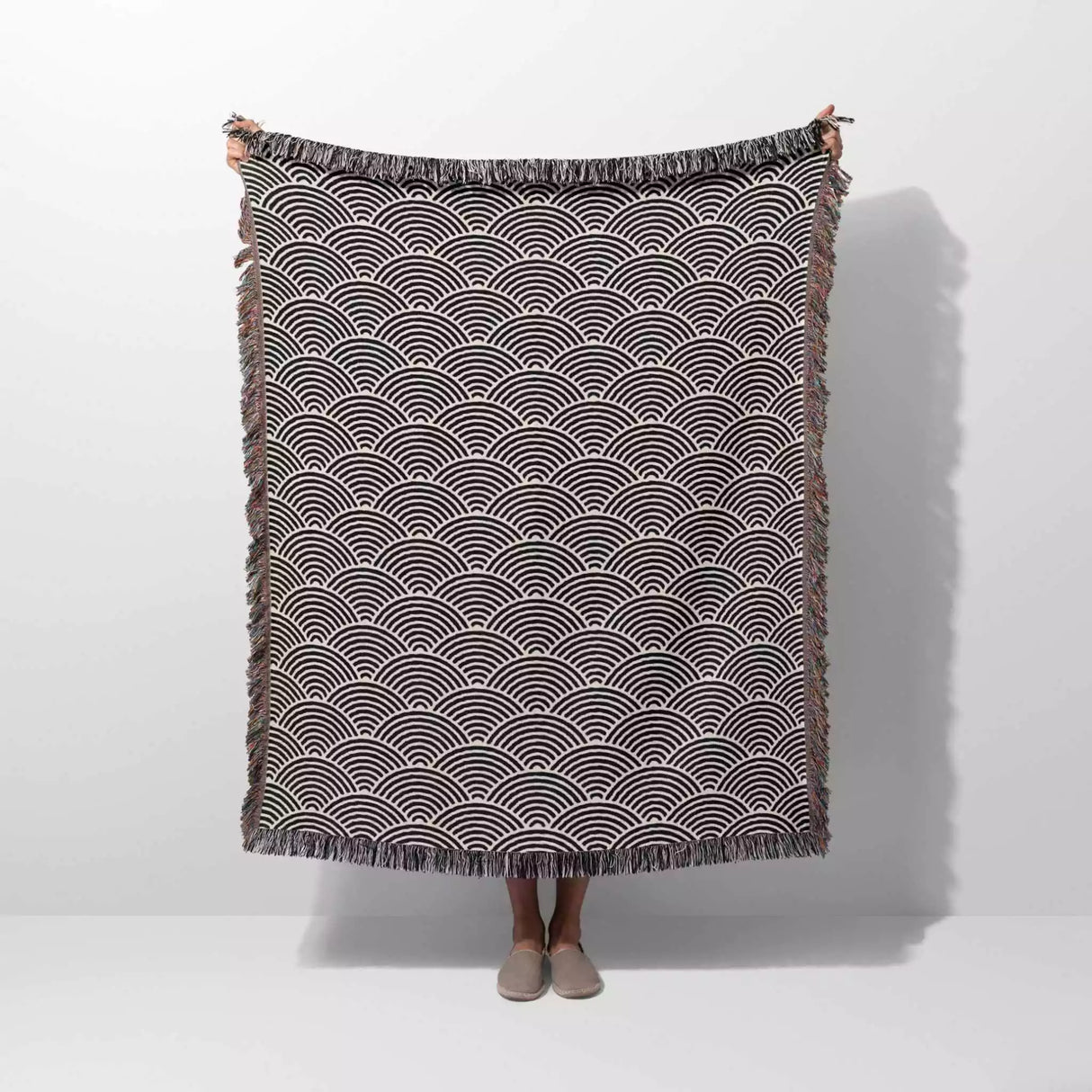 Japanese Wave Black and White Pattern Woven Throw Blanket and Tapestry - DesignerOllie.com