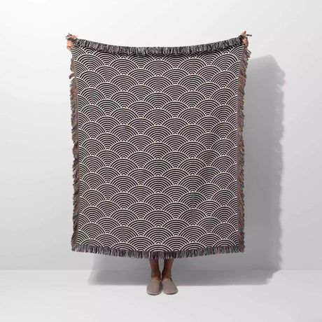 Japanese Wave Black and White Pattern Woven Throw Blanket and Tapestry - DesignerOllie.com