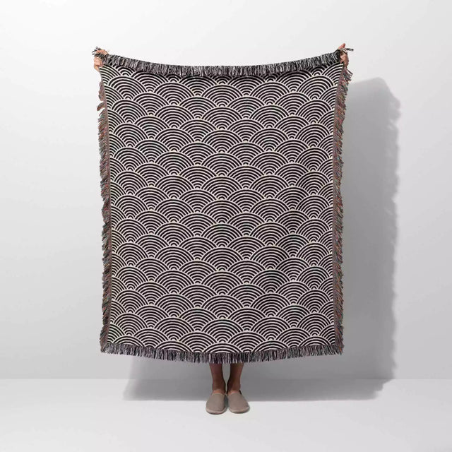 Japanese Wave Black and White Pattern Woven Throw Blanket and Tapestry - DesignerOllie.com