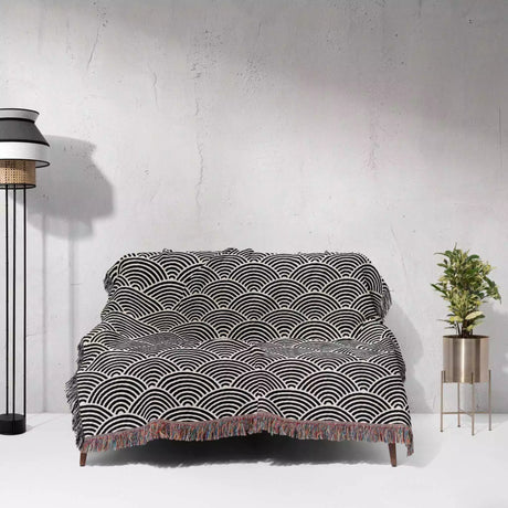 Japanese Wave Black and White Pattern Woven Throw Blanket and Tapestry - DesignerOllie.com