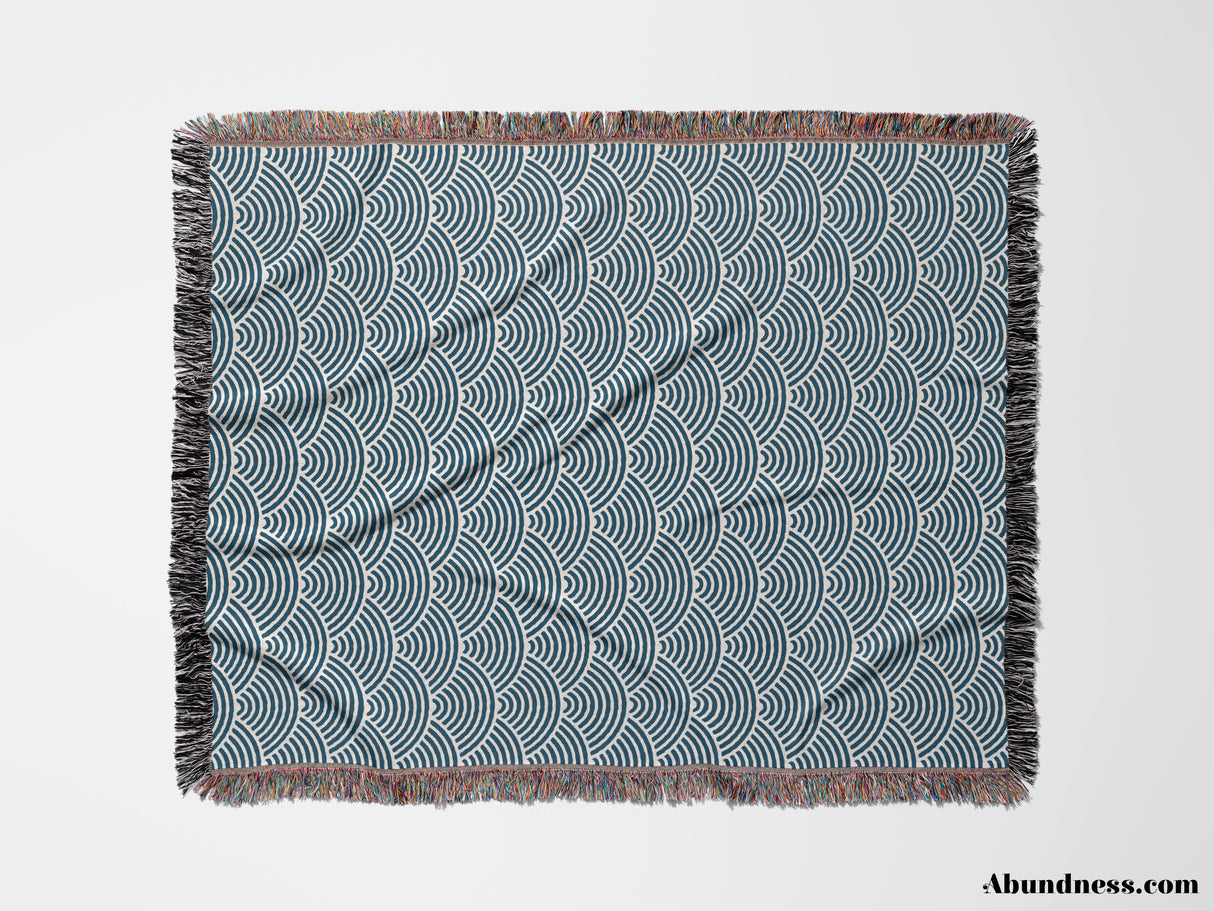 Japanese Wave Blue Pattern Woven Throw Blanket and Tapestry