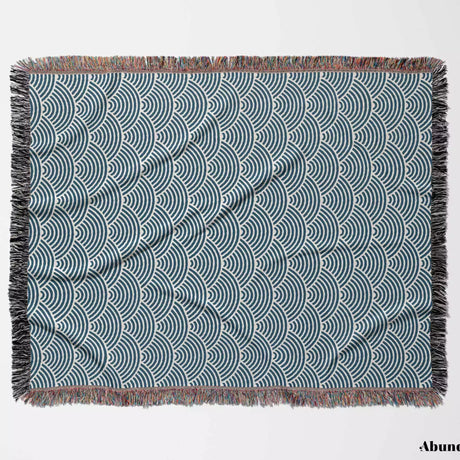 Japanese Wave Blue Pattern Woven Throw Blanket and Tapestry - DesignerOllie.com