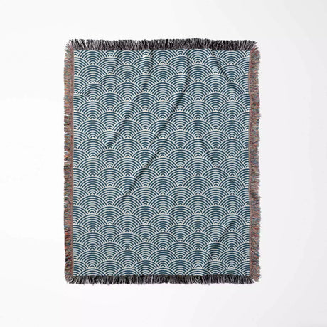 Japanese Wave Blue Pattern Woven Throw Blanket and Tapestry - DesignerOllie.com