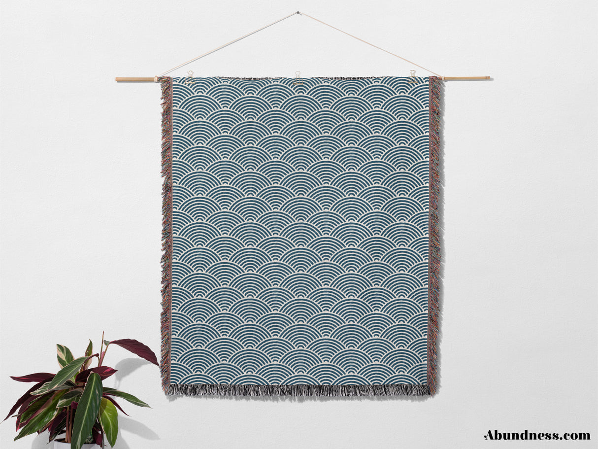 Japanese Wave Blue Pattern Woven Throw Blanket and Tapestry