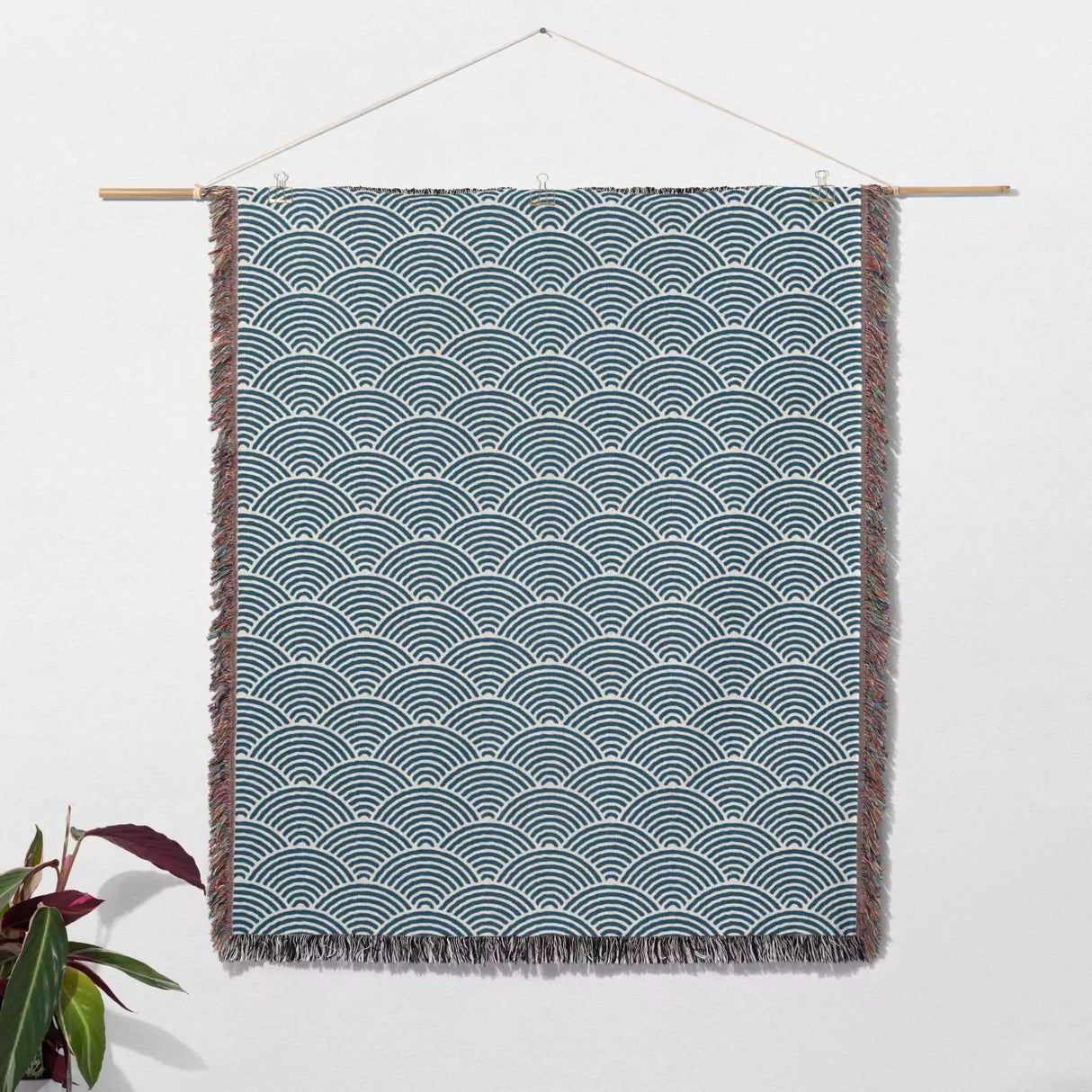 Japanese Wave Blue Pattern Woven Throw Blanket and Tapestry - DesignerOllie.com
