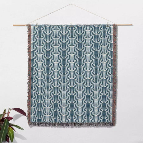 Japanese Wave Blue Pattern Woven Throw Blanket and Tapestry - DesignerOllie.com