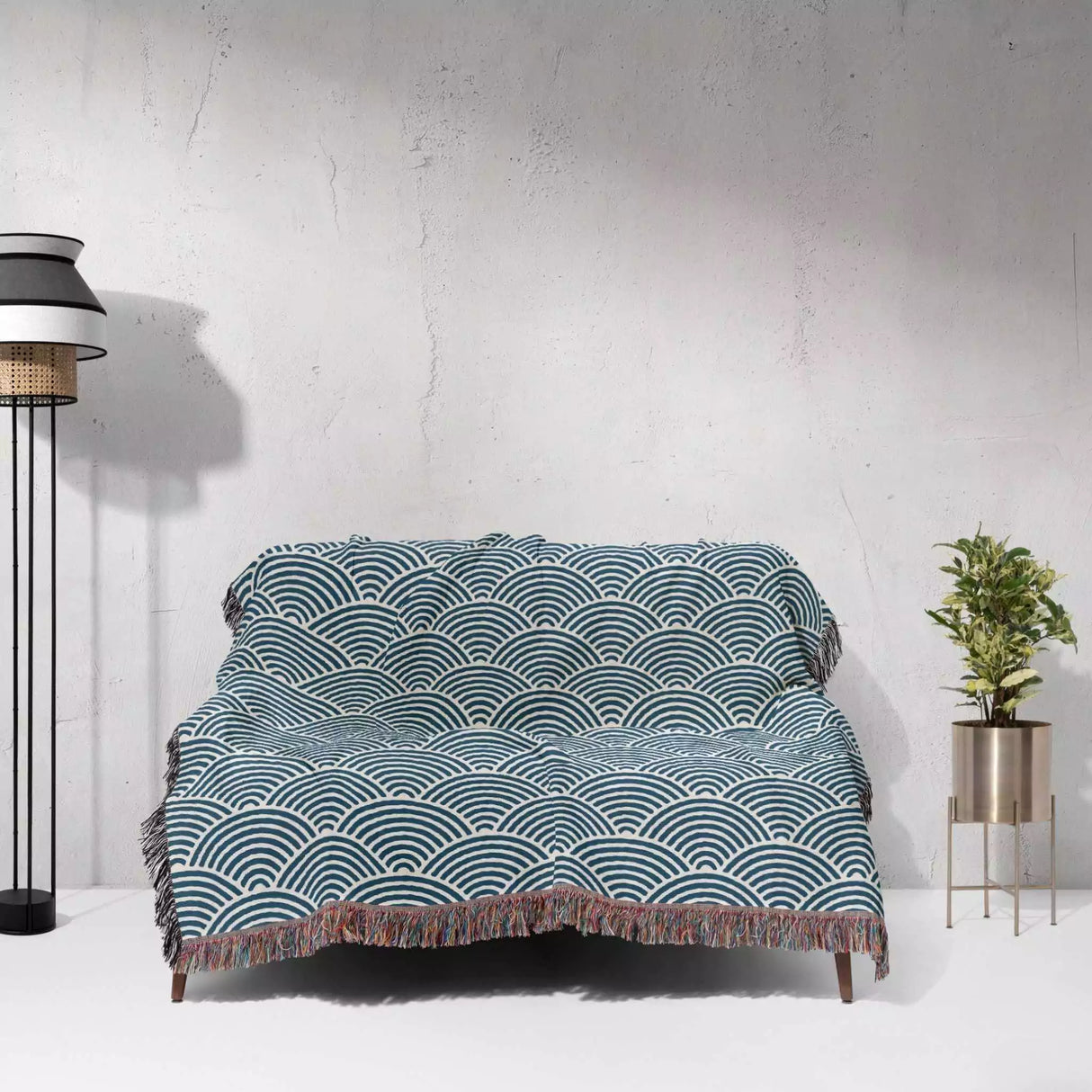 Japanese Wave Blue Pattern Woven Throw Blanket and Tapestry - DesignerOllie.com