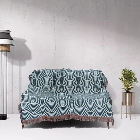 Japanese Wave Blue Pattern Woven Throw Blanket and Tapestry - DesignerOllie.com