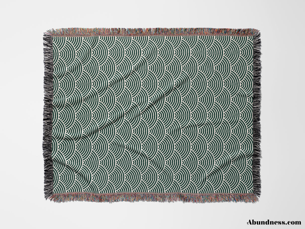 Japanese Wave Forest Green Pattern Woven Throw Blanket and Tapestry