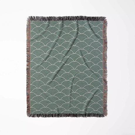 Japanese Wave Forest Green Pattern Woven Throw Blanket and Tapestry - DesignerOllie.com