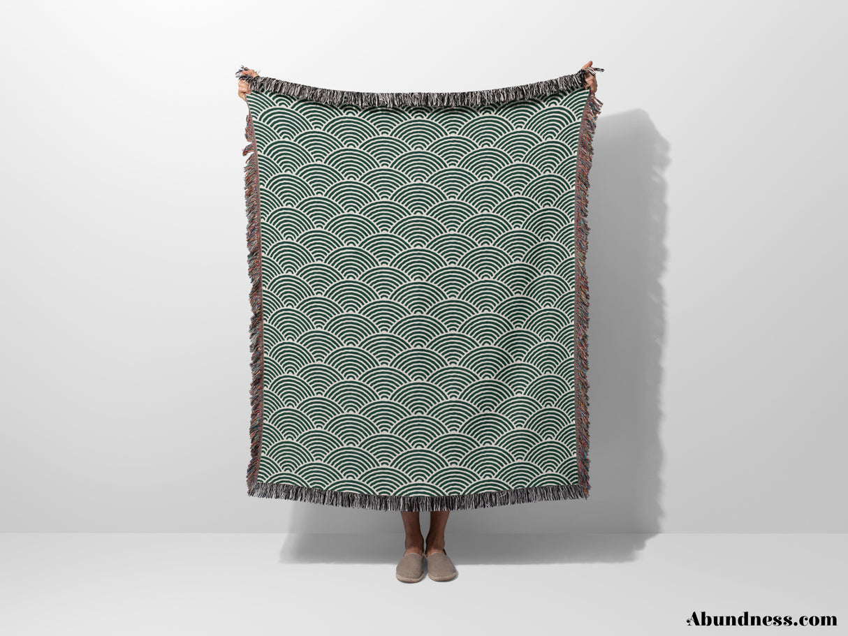 Japanese Wave Forest Green Pattern Woven Throw Blanket and Tapestry