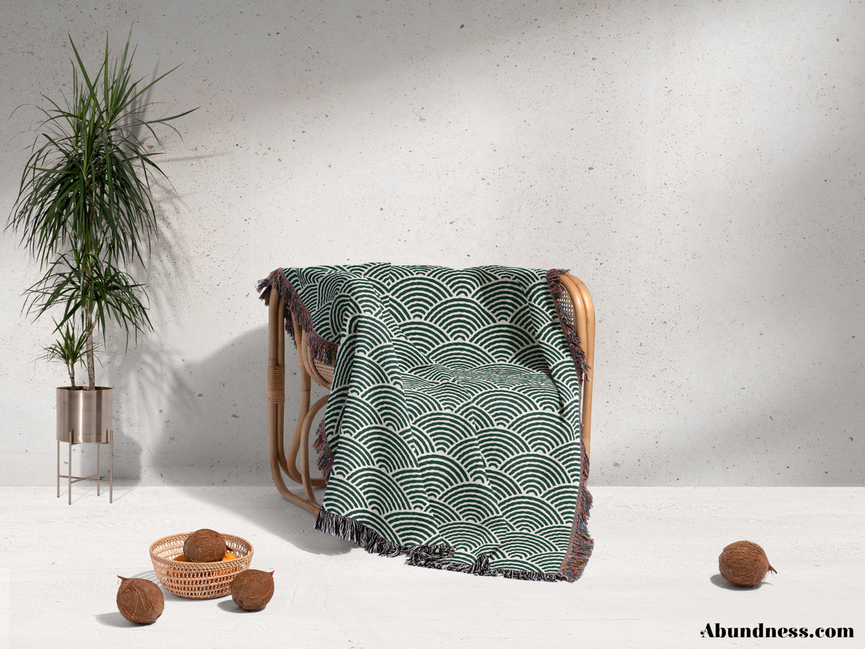 Japanese Wave Forest Green Pattern Woven Throw Blanket and Tapestry