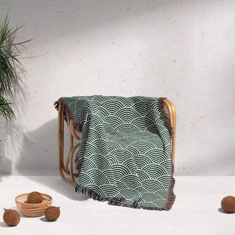 Japanese Wave Forest Green Pattern Woven Throw Blanket and Tapestry - DesignerOllie.com