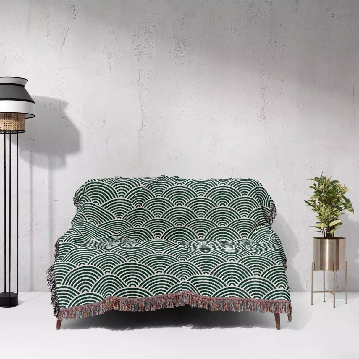 Japanese Wave Forest Green Pattern Woven Throw Blanket and Tapestry - DesignerOllie.com