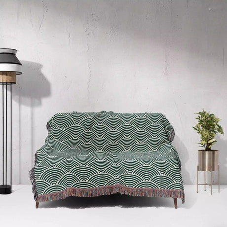 Japanese Wave Forest Green Pattern Woven Throw Blanket and Tapestry - DesignerOllie.com