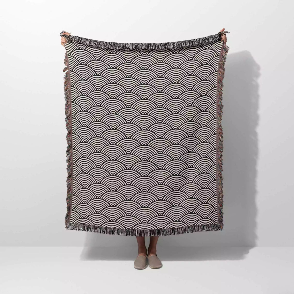 Japanese Wave Pattern Black And White Woven Throw Blanket and Tapestry - DesignerOllie.com