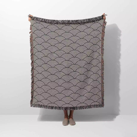 Japanese Wave Pattern Black And White Woven Throw Blanket and Tapestry - DesignerOllie.com