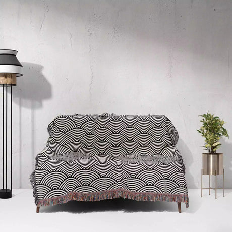 Japanese Wave Pattern Black And White Woven Throw Blanket and Tapestry - DesignerOllie.com