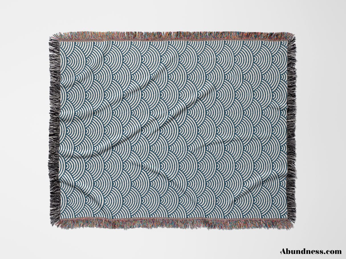 Japanese Wave Pattern Blue Woven Throw Blanket and Tapestry