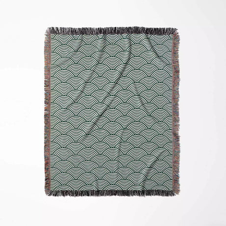 Japanese Wave Pattern Forest Green Woven Throw Blanket and Tapestry - DesignerOllie.com