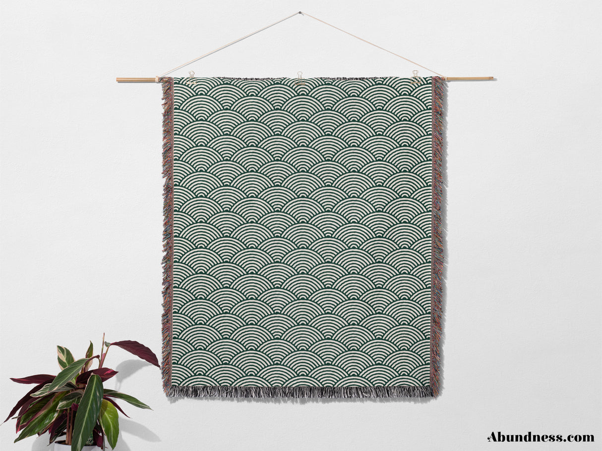 Japanese Wave Pattern Forest Green Woven Throw Blanket and Tapestry