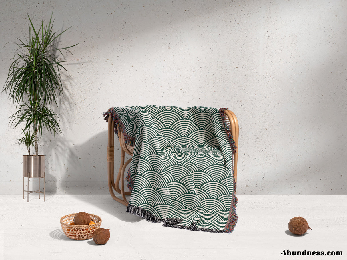 Japanese Wave Pattern Forest Green Woven Throw Blanket and Tapestry