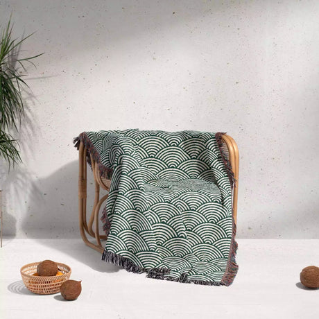 Japanese Wave Pattern Forest Green Woven Throw Blanket and Tapestry - DesignerOllie.com