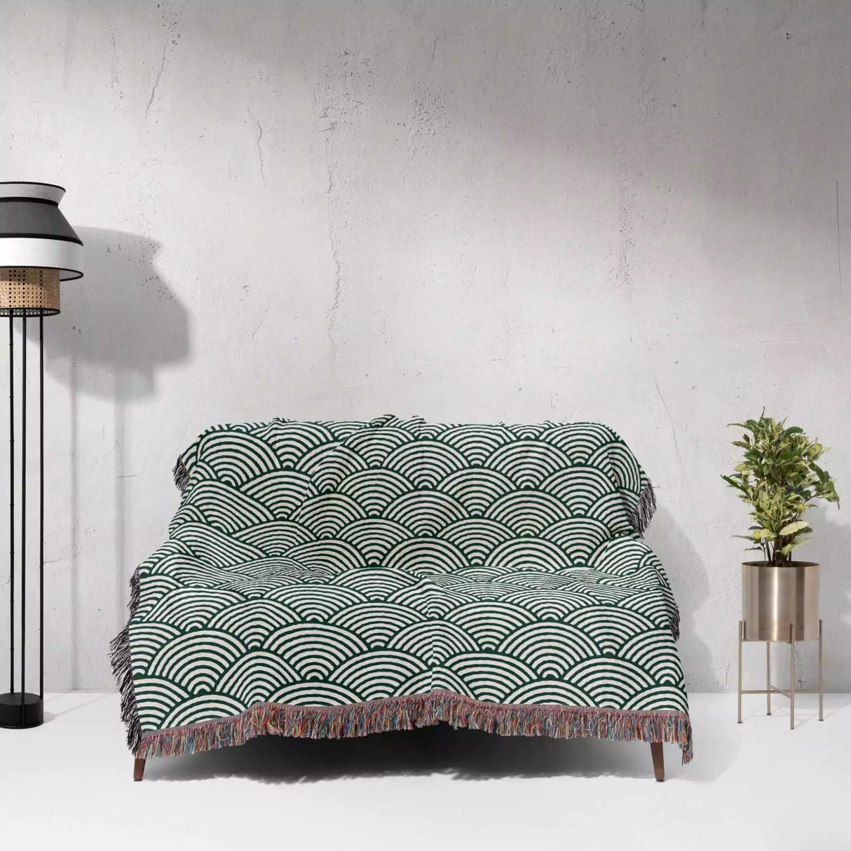 Japanese Wave Pattern Forest Green Woven Throw Blanket and Tapestry - DesignerOllie.com