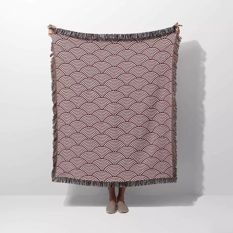 Japanese Wave Pattern Red Woven Throw Blanket and Tapestry - DesignerOllie.com