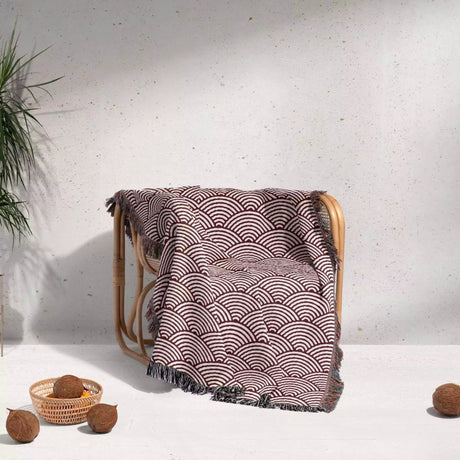 Japanese Wave Pattern Red Woven Throw Blanket and Tapestry - DesignerOllie.com