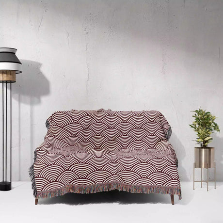 Japanese Wave Pattern Red Woven Throw Blanket and Tapestry - DesignerOllie.com
